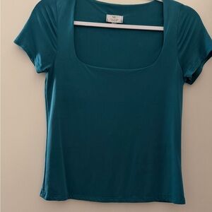 Teal Square Neck Cropped Fitted Stretch Top Short Sleeve Crop Tee Size M